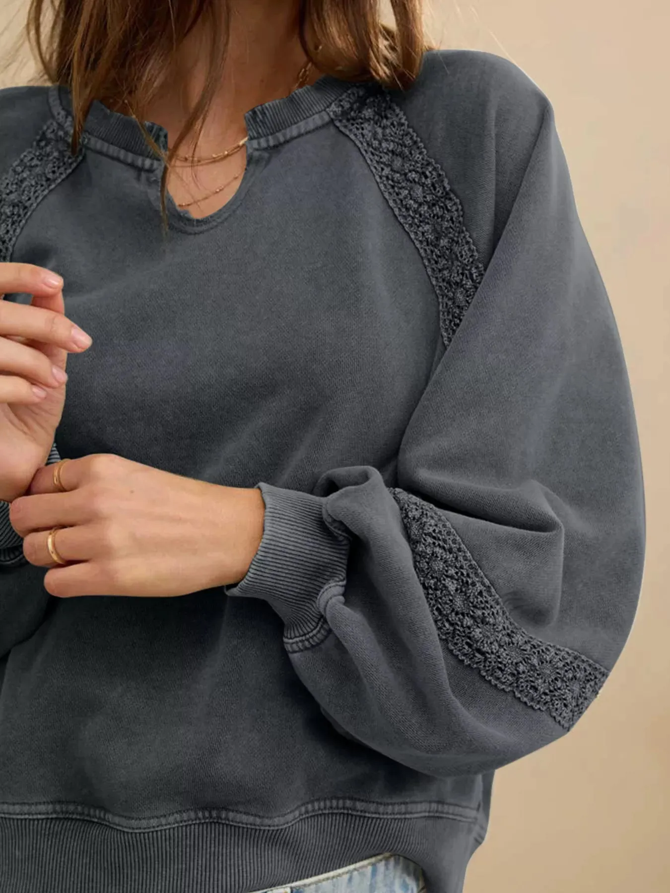 Lace Patchwork Detail Notched Mineral Wash Sweatshirt sold by Charming Charlie product image thumbnail 3