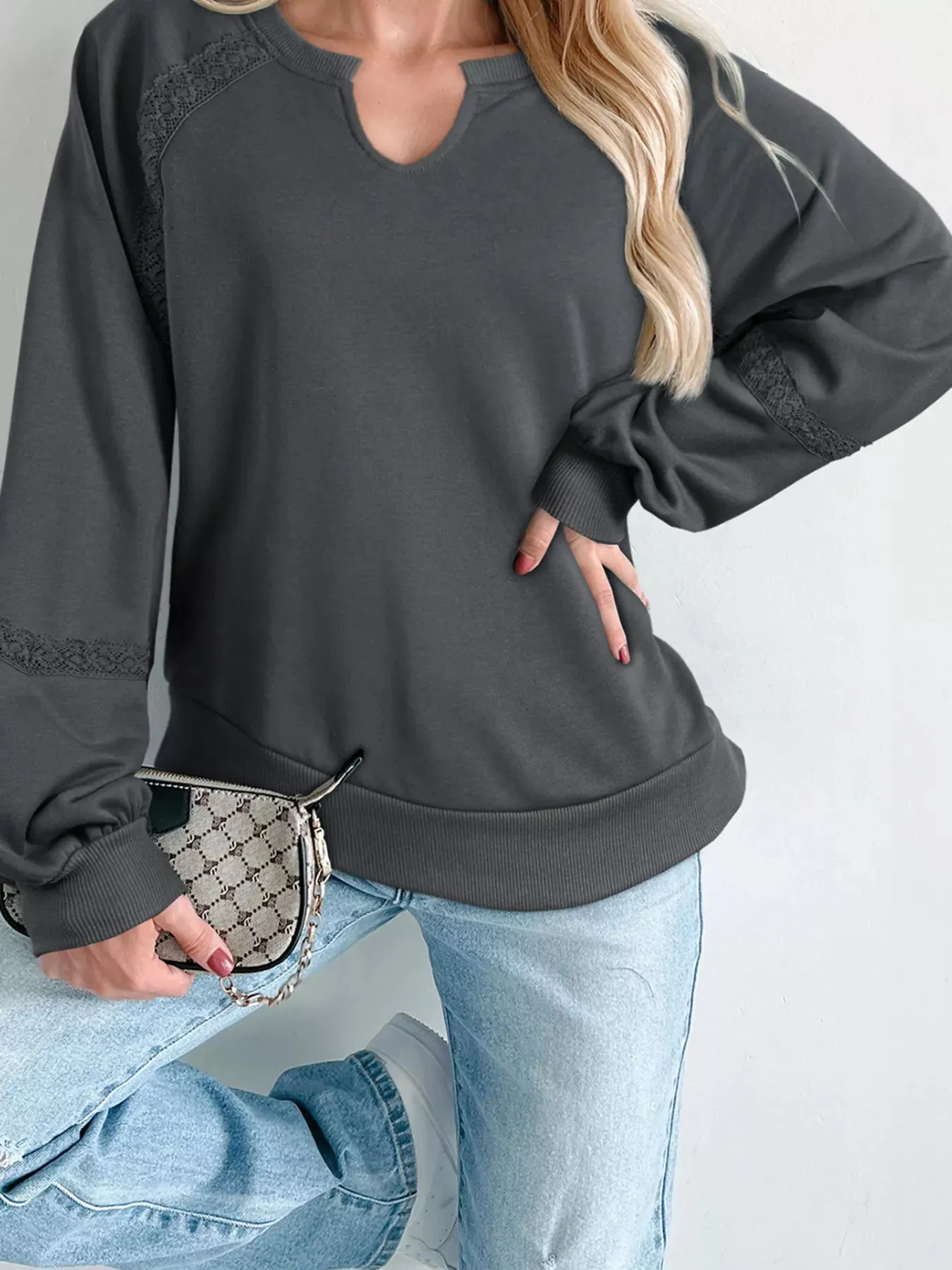 Lace Patchwork Detail Notched Mineral Wash Sweatshirt sold by Charming Charlie product image thumbnail 4