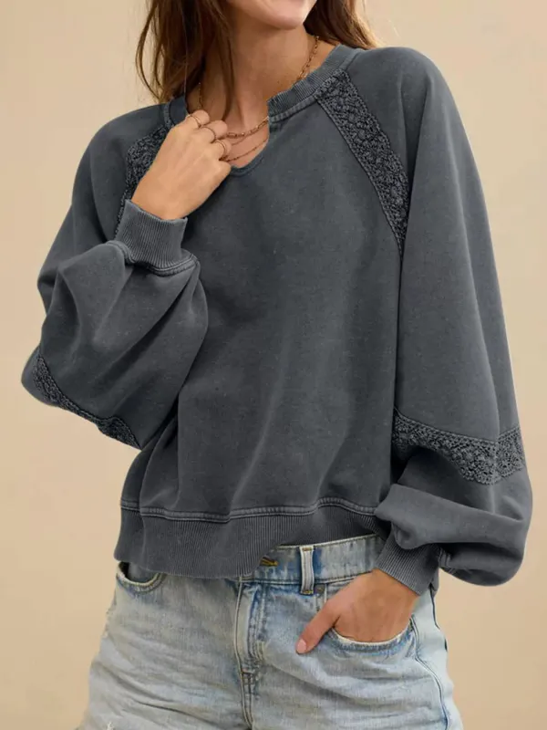 Lace Patchwork Detail Notched Mineral Wash Sweatshirt sold by Charming Charlie