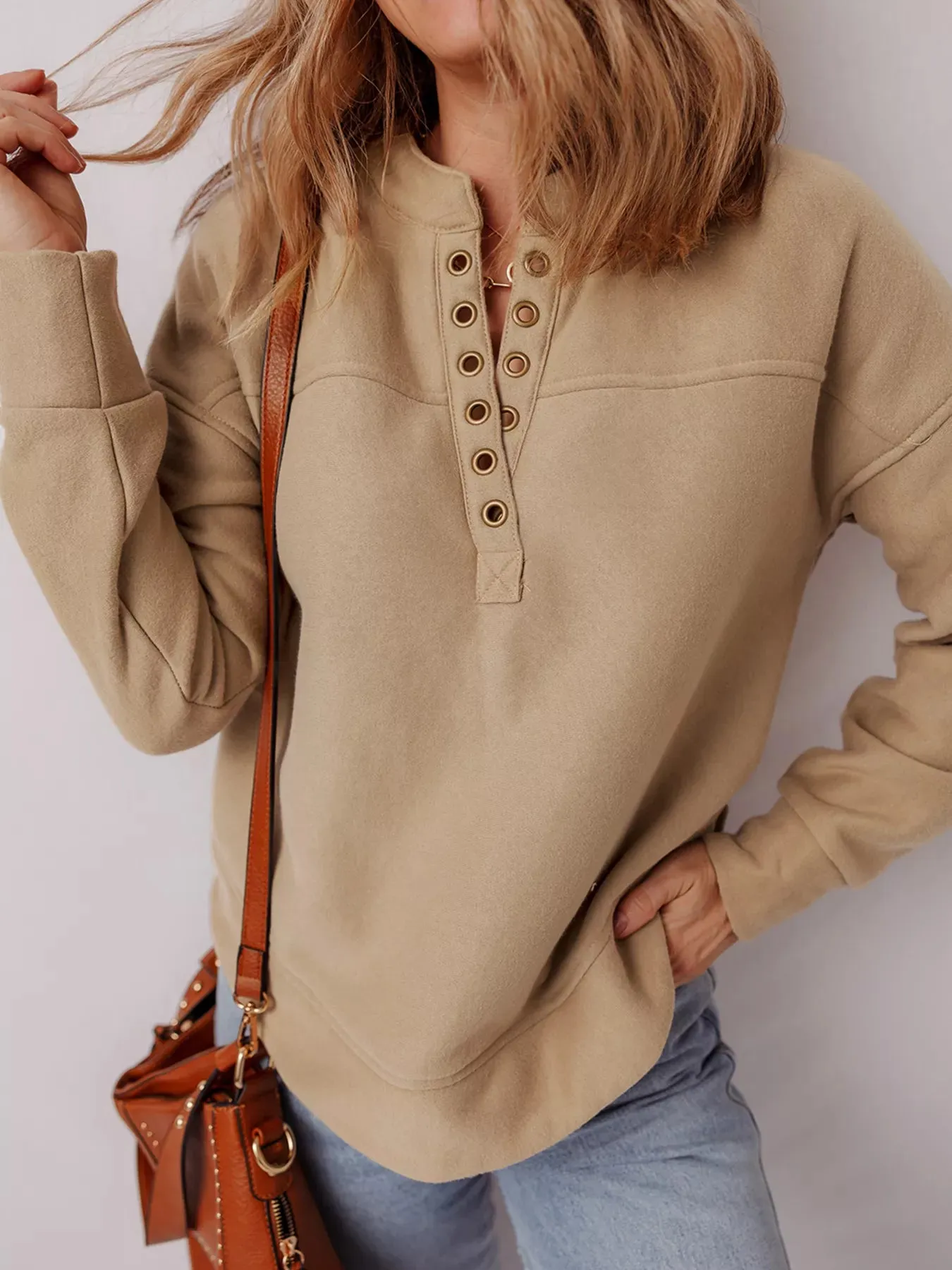 Grommet Detail V Neck Sweatshirt sold by Charming Charlie