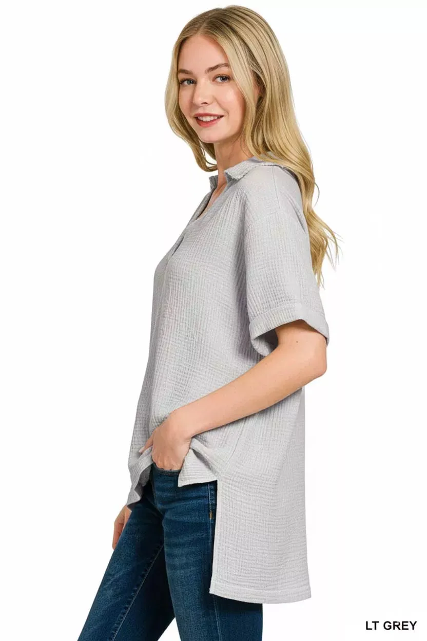 Zenana Double Gauze Short Sleeve High-Low Top sold by Charming Charlie product image thumbnail 3
