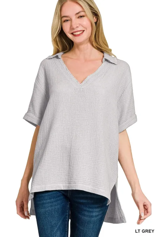 Zenana Double Gauze Short Sleeve High-Low Top sold by Charming Charlie