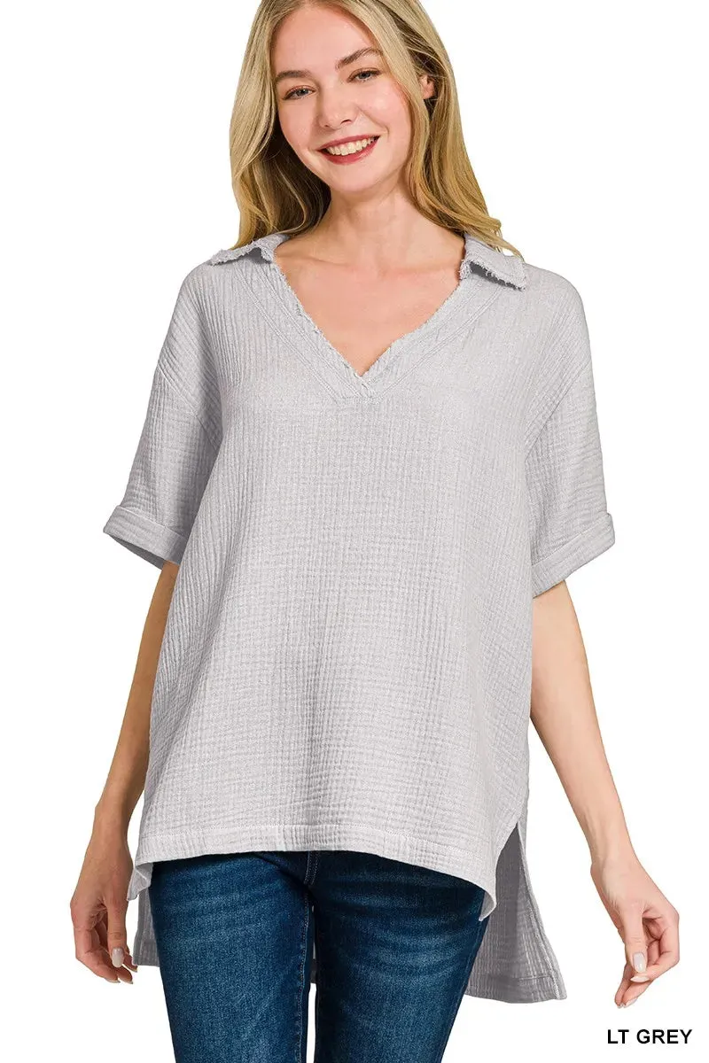 Zenana Double Gauze Short Sleeve High-Low Top sold by Charming Charlie