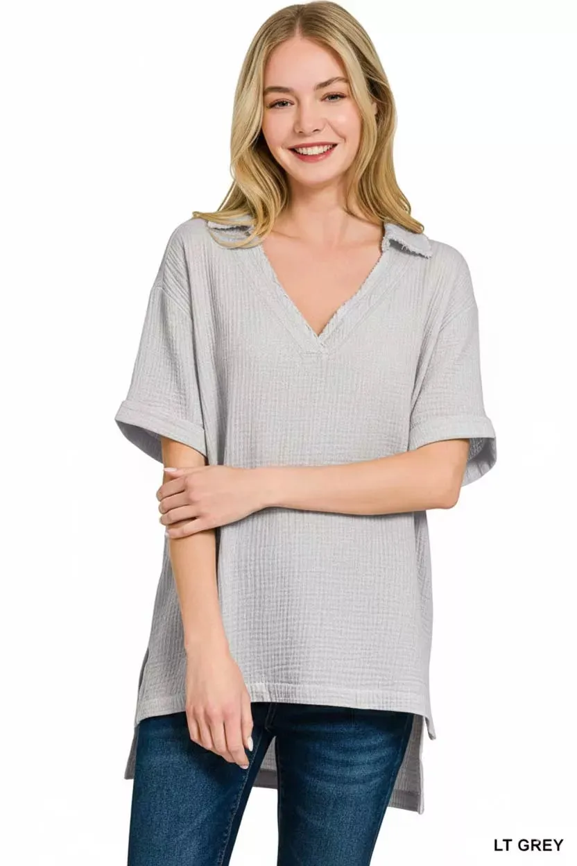 Zenana Double Gauze Short Sleeve High-Low Top sold by Charming Charlie product image thumbnail 2