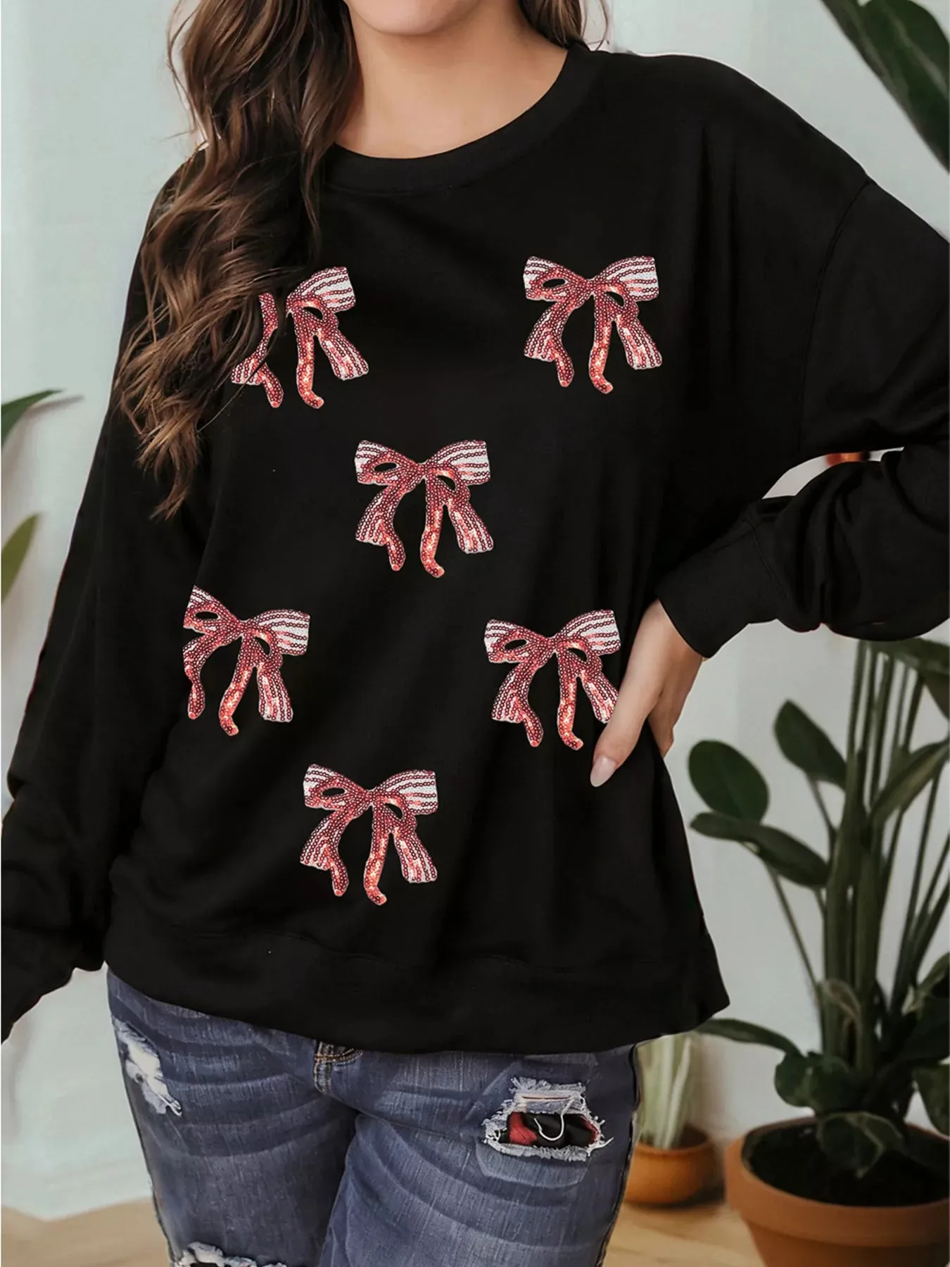 Christmas Sequin Ribbon Bow Drop Shoulder Sweatshirt sold by Charming Charlie product image thumbnail 3