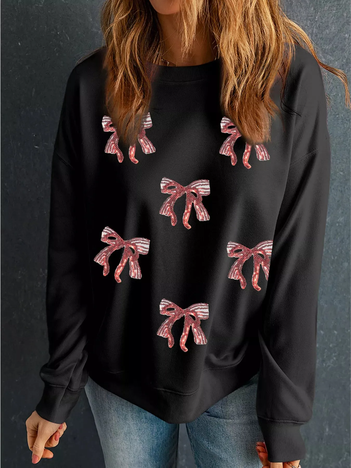 Christmas Sequin Ribbon Bow Drop Shoulder Sweatshirt sold by Charming Charlie product image thumbnail 5