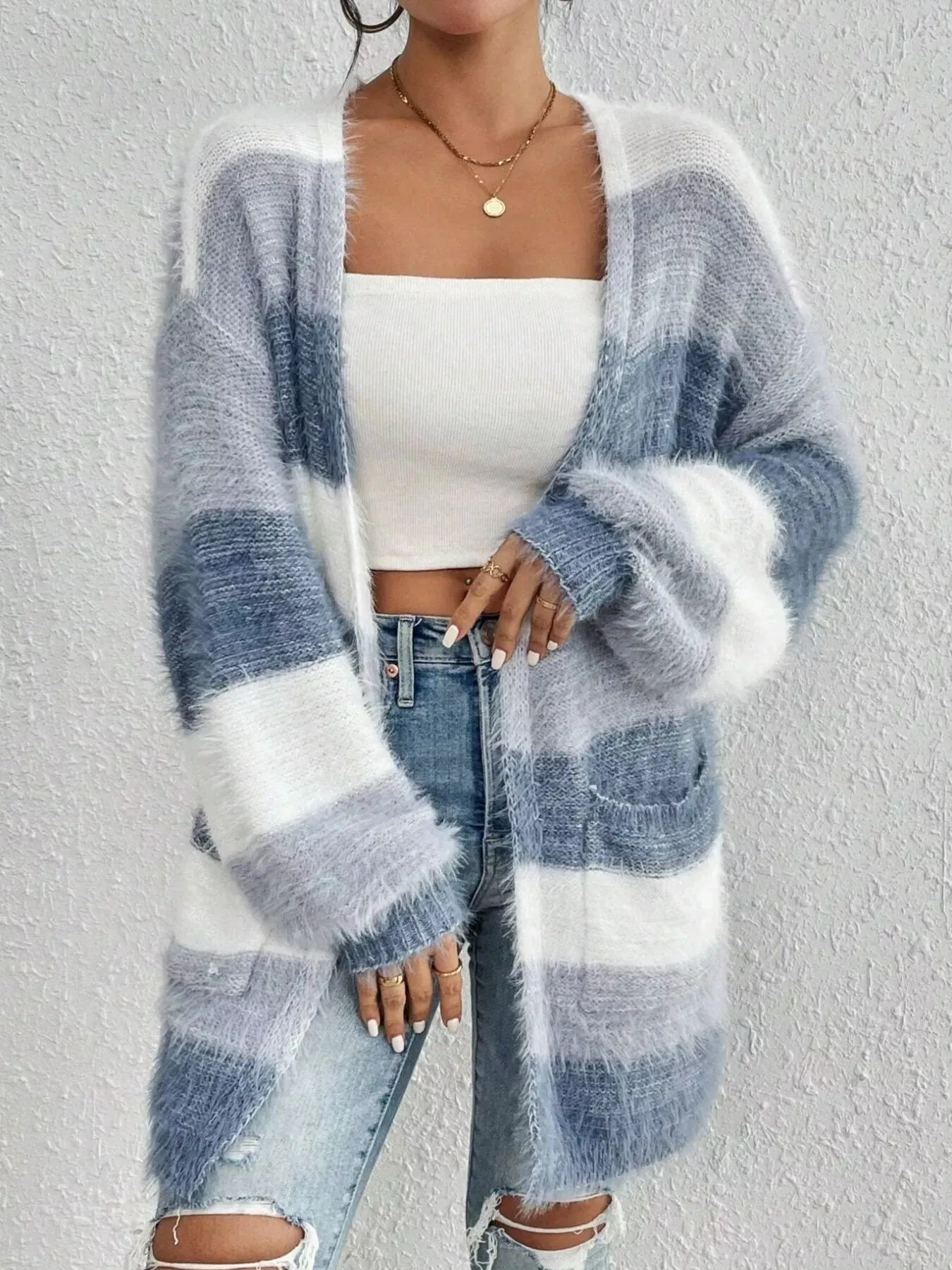 Striped Fuzzy Knit Open Front Cardigan sold by Charming Charlie product image thumbnail 5