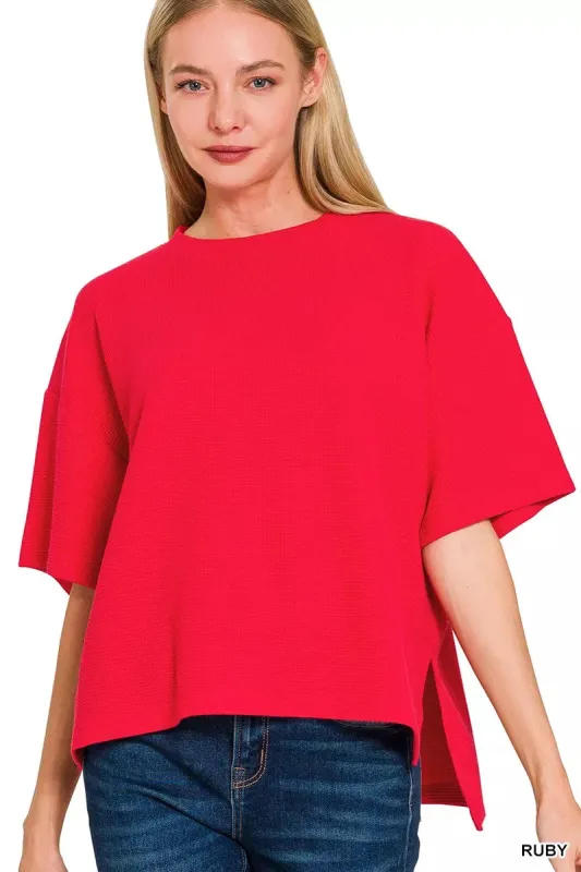 Zenana Full Size Double Knit Side Slits Hi Low Short Sleeve Top Plus Size made by Trendsi