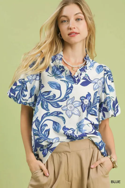 Umgee Lush Blossom Print Puff Sleeve Top with Ruffle Trim Detail sold by Charming Charlie