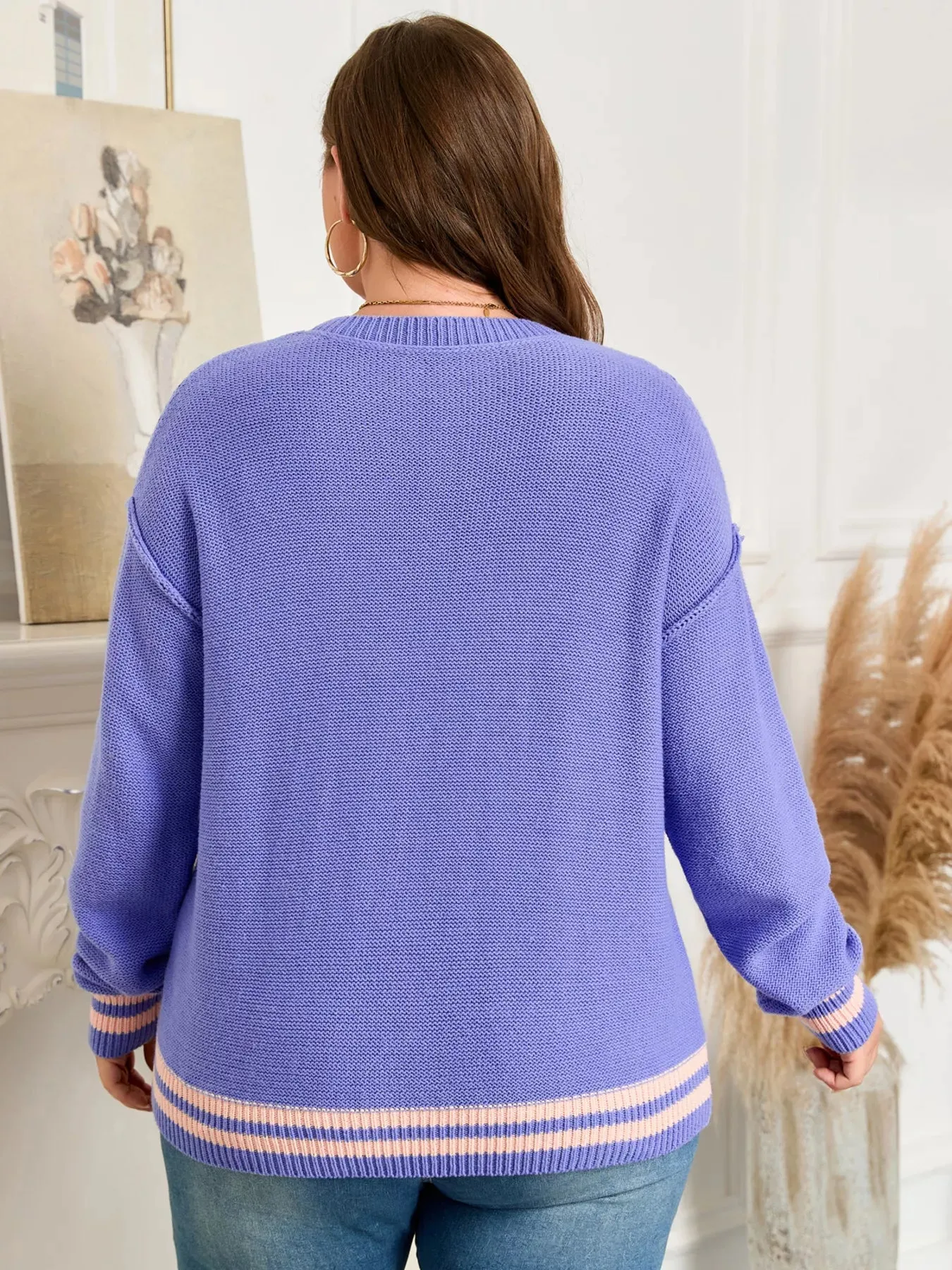 Plus Size Striped Trim Drop Shoulder Knit Loose Sweater sold by Charming Charlie product image thumbnail 3