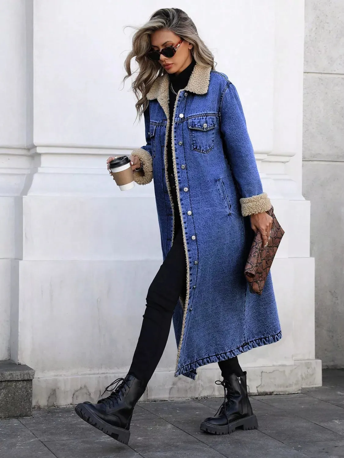 Sherpa Lined Longline Denim Jacket sold by Charming Charlie product image thumbnail 5