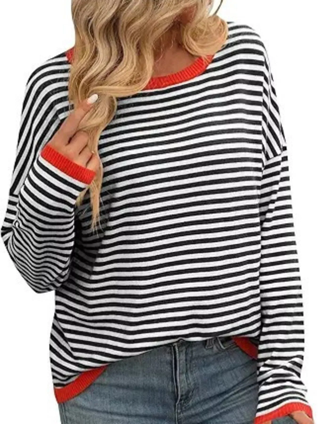 Plus Size Contrast Striped Long Sleeve Sweater sold by Charming Charlie product image thumbnail 4