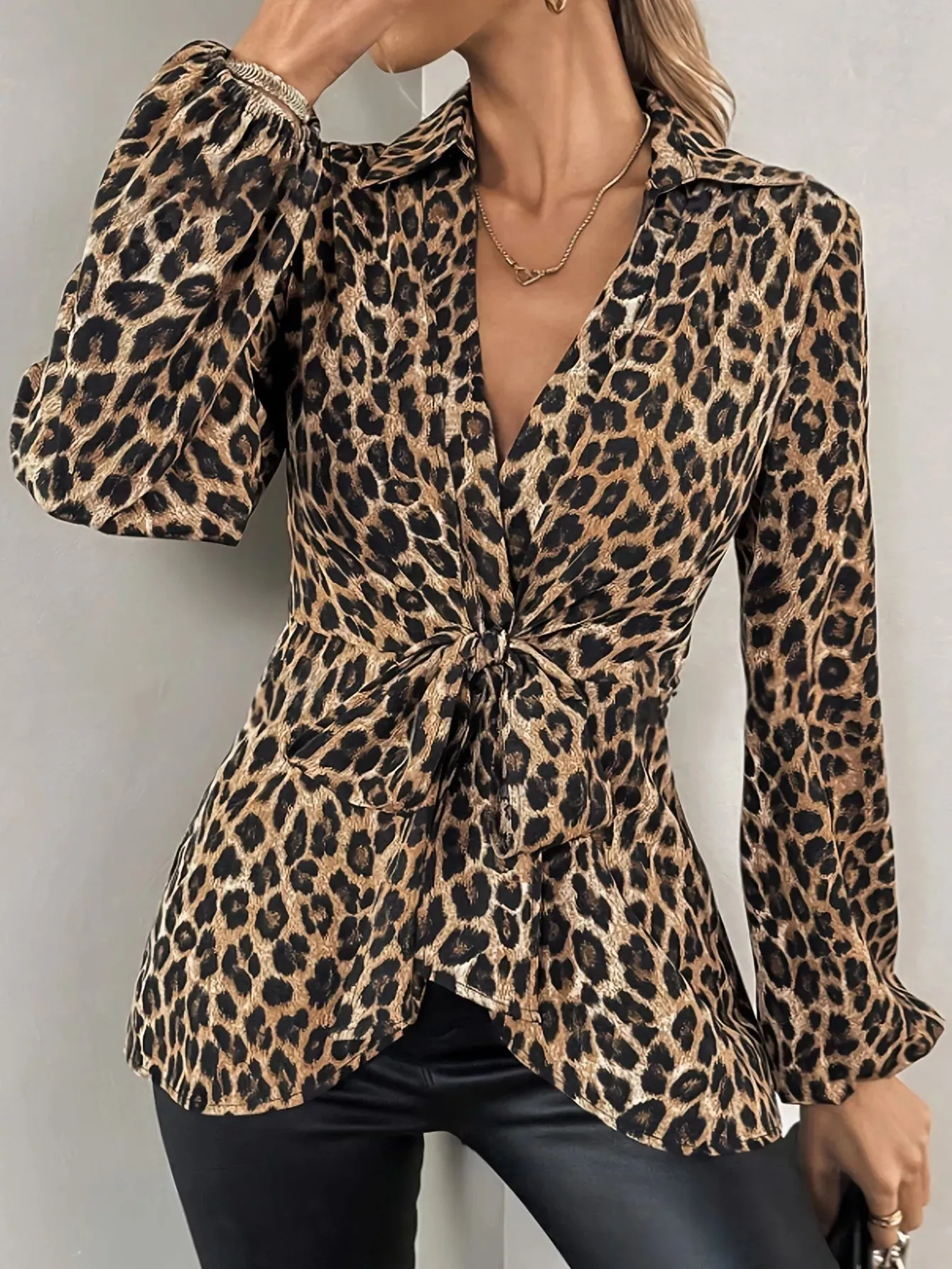 Leopard Print Tie Front Long Sleeve Blouse sold by Charming Charlie product image thumbnail 3