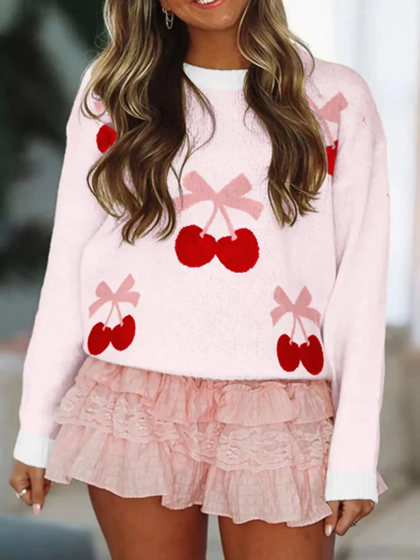 Cherry Pattern Drop Shoulder Sweater sold by Charming Charlie