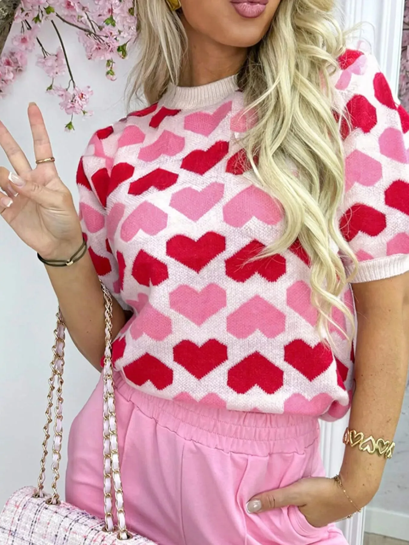 Heart Print Short Sleeve Sweater sold by Charming Charlie