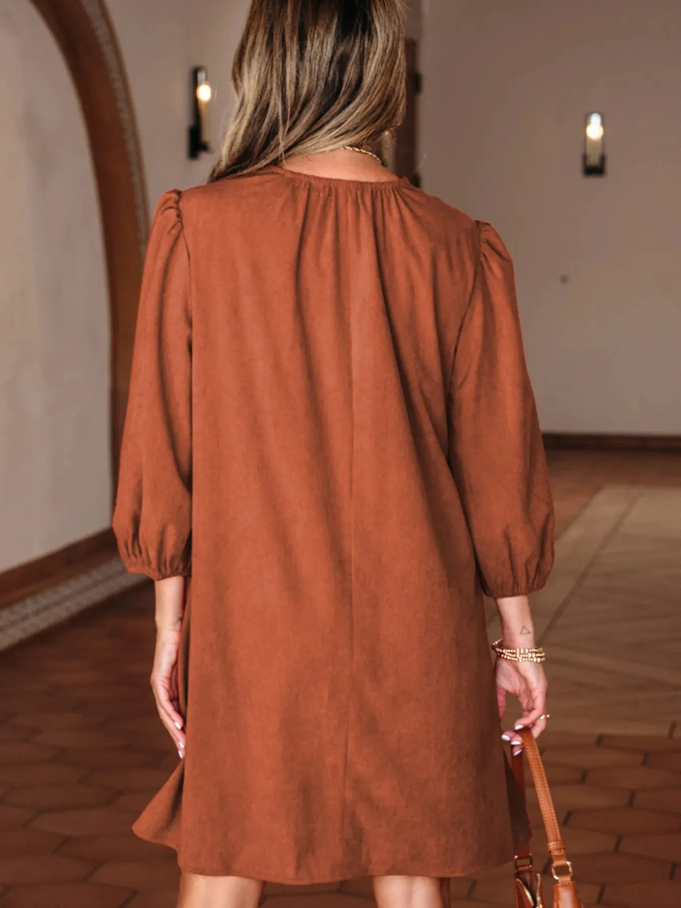 Split Neck Scallop Detail Corduroy Mini Dress sold by Charming Charlie product image thumbnail 2