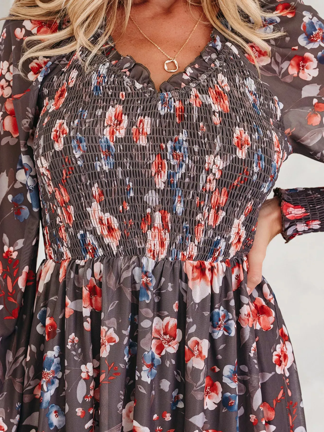 Frilly Smocked Bodice Floral Mesh Long Sleeve Mini Dress sold by Charming Charlie product image thumbnail 5