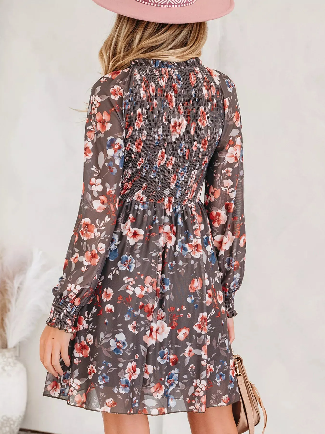 Frilly Smocked Bodice Floral Mesh Long Sleeve Mini Dress sold by Charming Charlie product image thumbnail 2