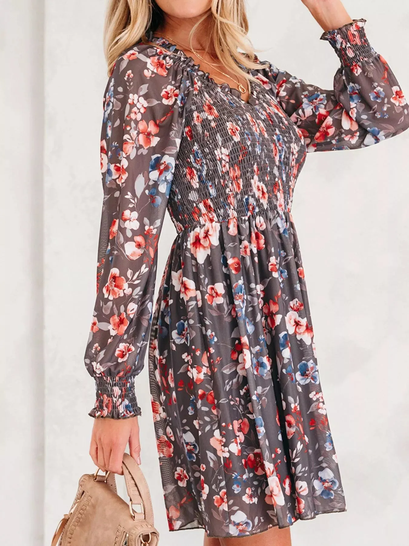 Frilly Smocked Bodice Floral Mesh Long Sleeve Mini Dress sold by Charming Charlie product image thumbnail 4