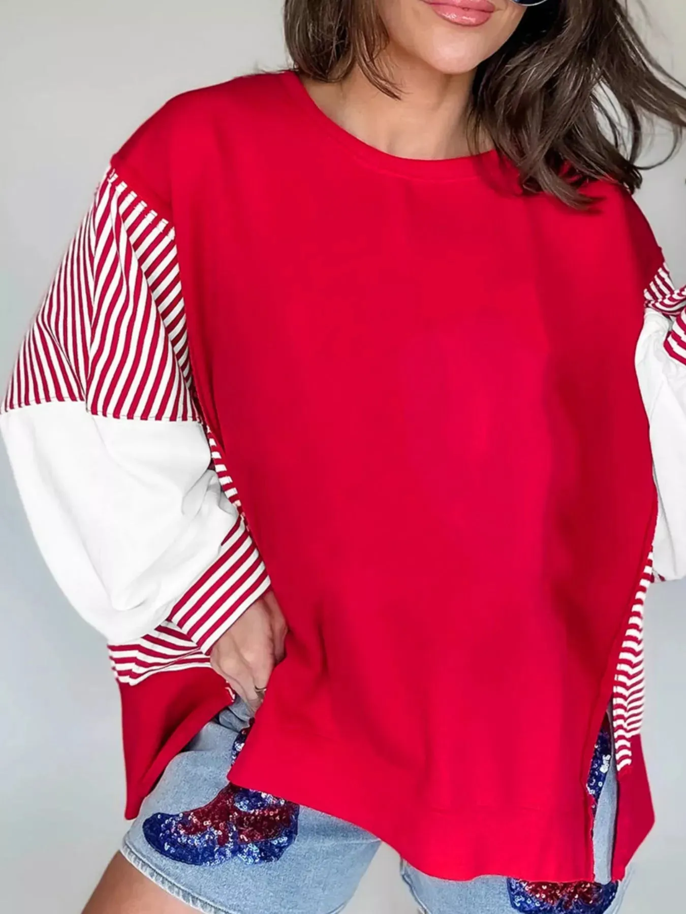 Striped Patchwork Sleeve Colorblock Sweatshirt sold by Charming Charlie product image thumbnail 3