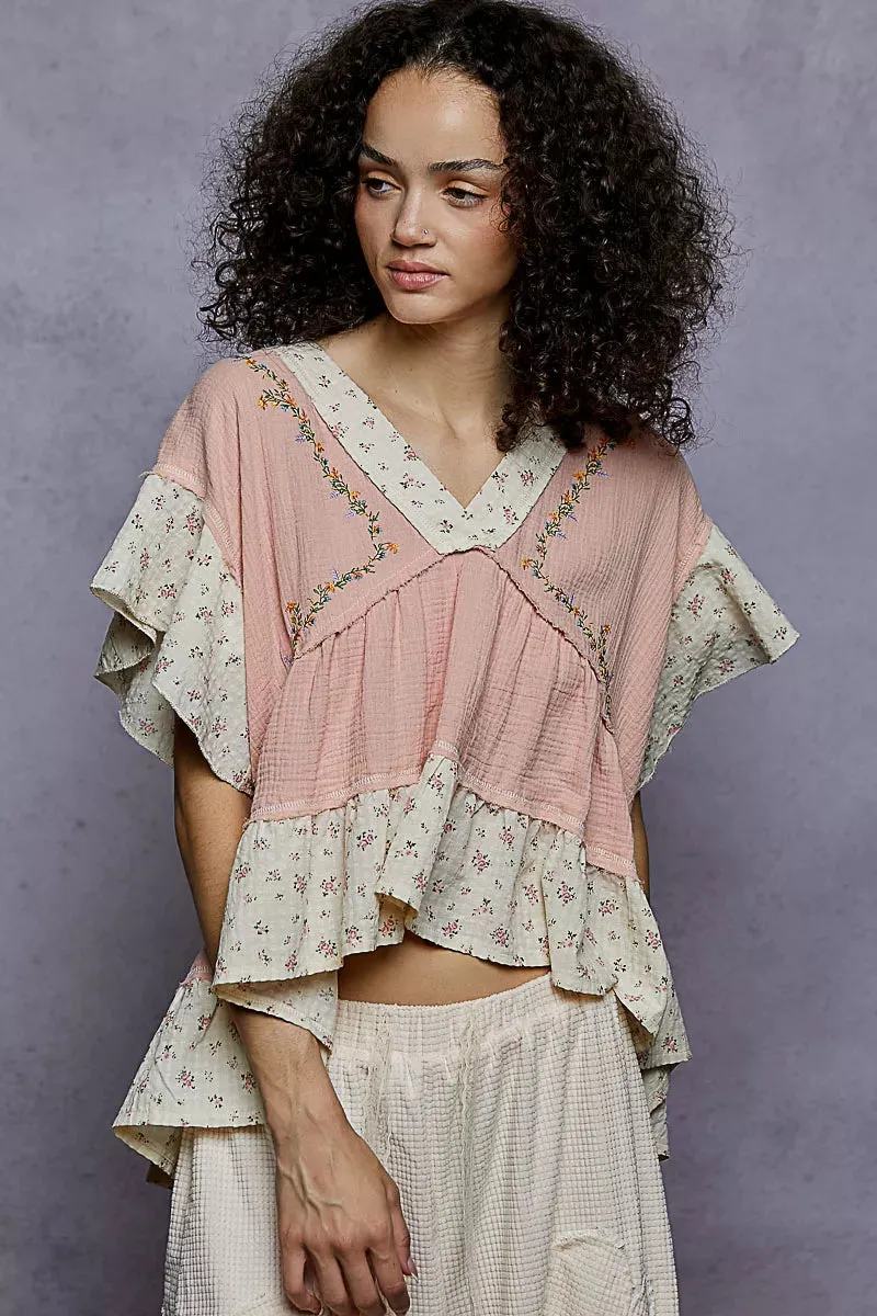 POL Floral V-Neck Short Sleeve Ruffled Double Gauze Blouse with Embroidery Detail sold by Charming Charlie product image thumbnail 2