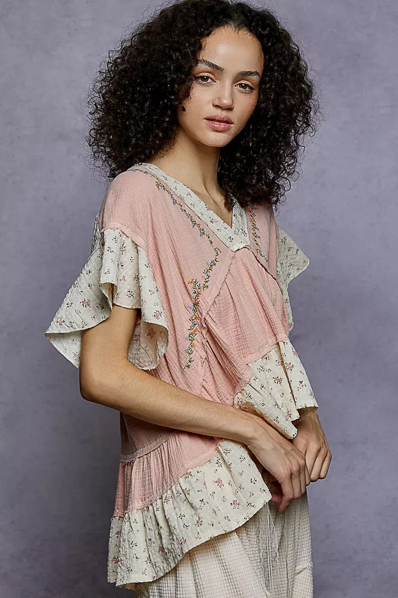 POL Floral V-Neck Short Sleeve Ruffled Double Gauze Blouse with Embroidery Detail sold by Charming Charlie product image thumbnail 3