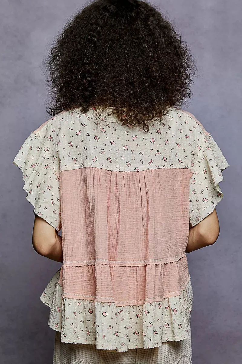 POL Floral V-Neck Short Sleeve Ruffled Double Gauze Blouse with Embroidery Detail sold by Charming Charlie product image thumbnail 4