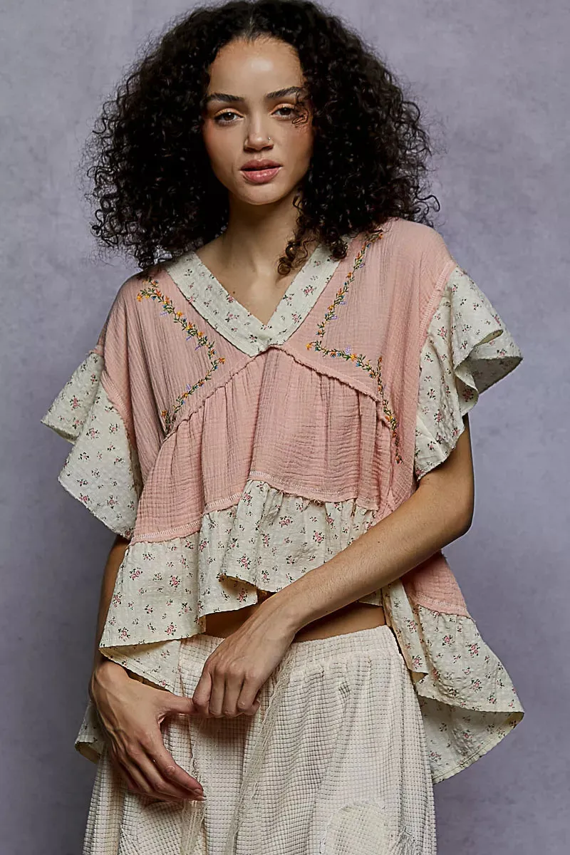 POL Floral V-Neck Short Sleeve Ruffled Double Gauze Blouse with Embroidery Detail sold by Charming Charlie