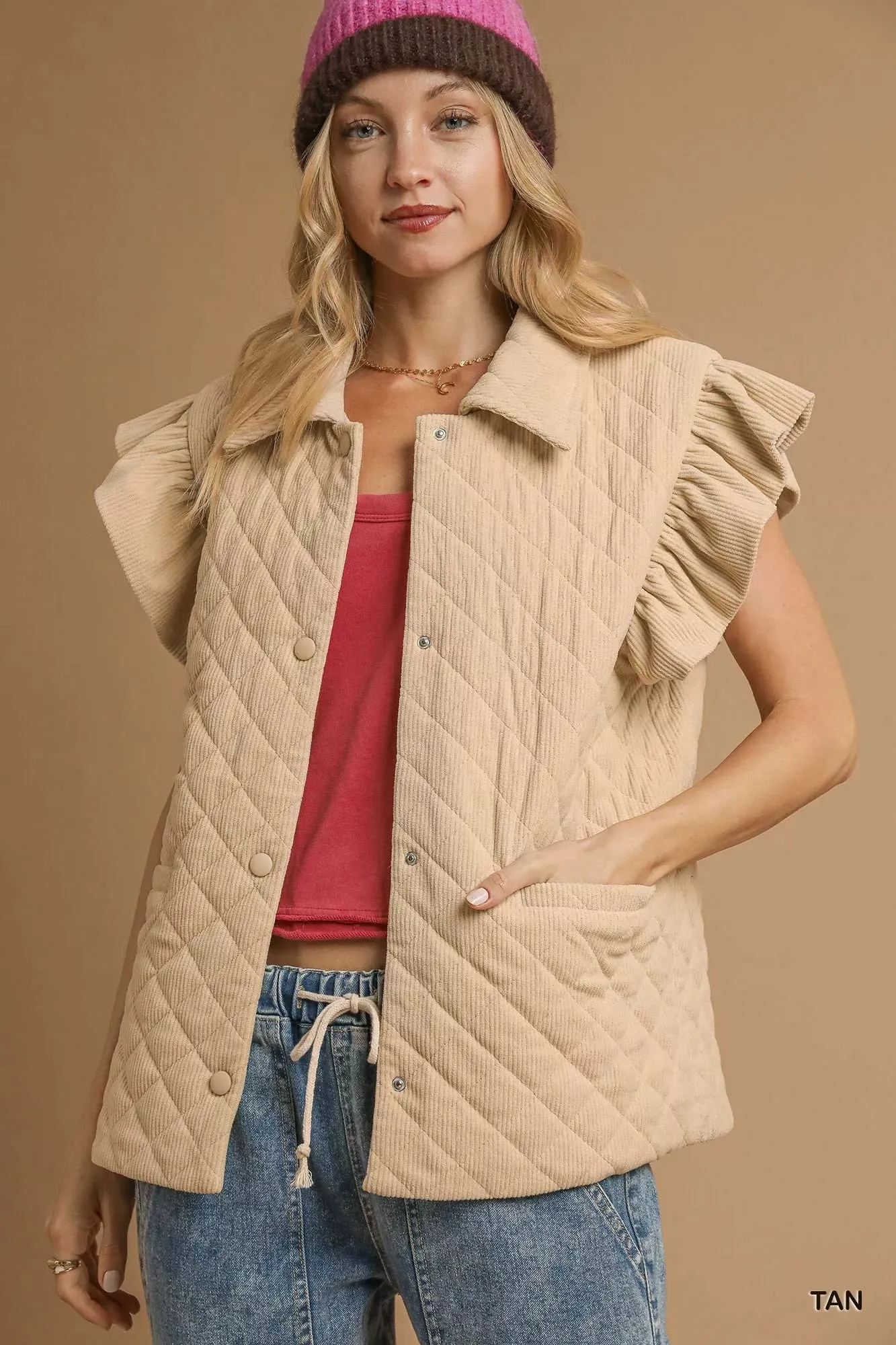 Umgee Corduroy Quilted Ruffle Sleeve Vest sold by Charming Charlie