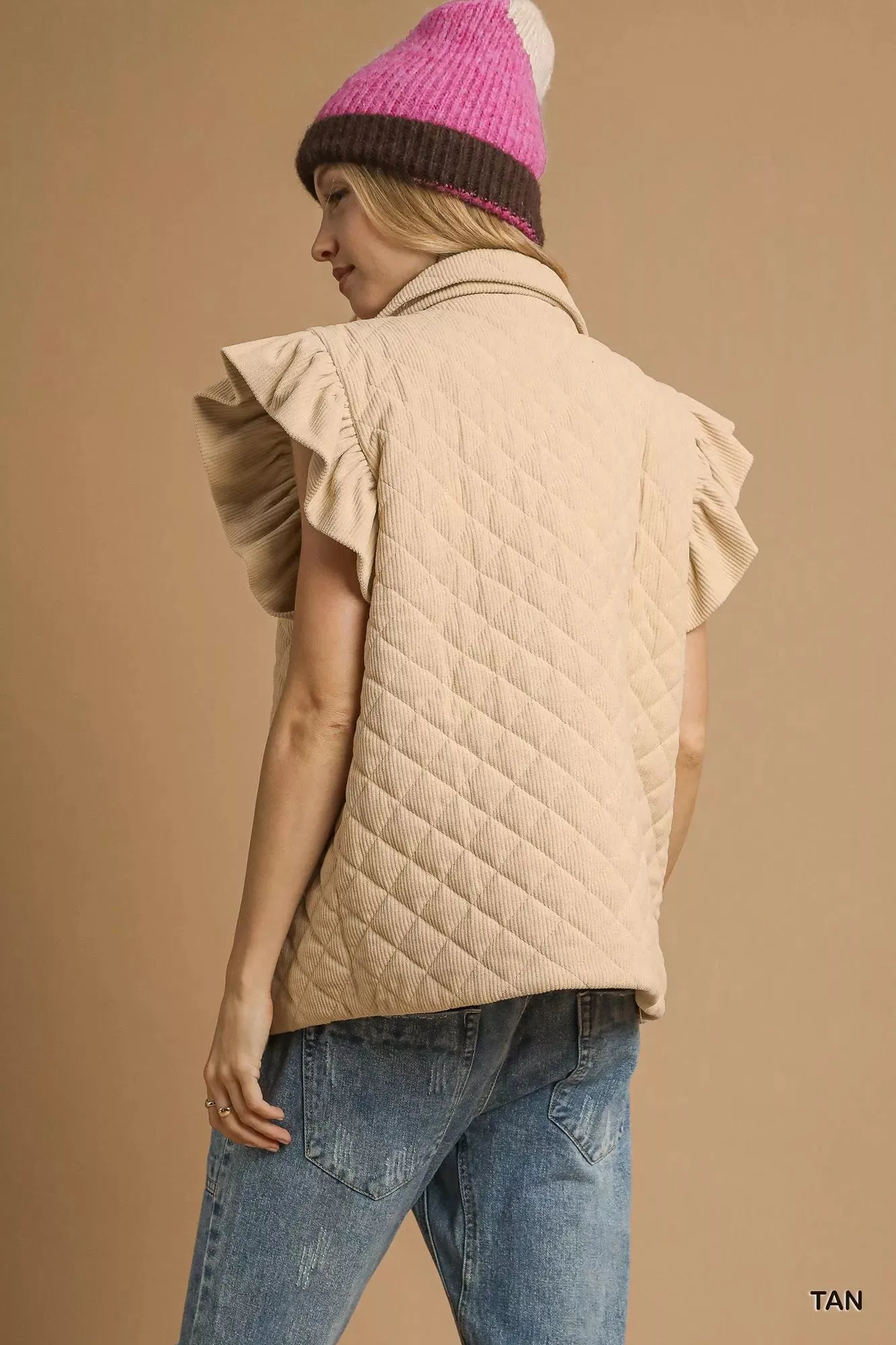 Umgee Corduroy Quilted Ruffle Sleeve Vest sold by Charming Charlie product image thumbnail 2