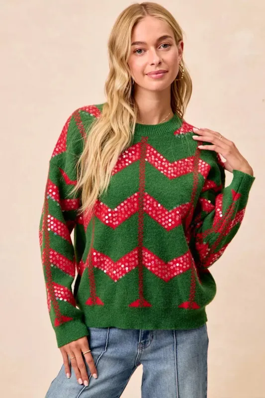 BiBi Christmas Theme Chevron Sequins Detail Sweater sold by Charming Charlie