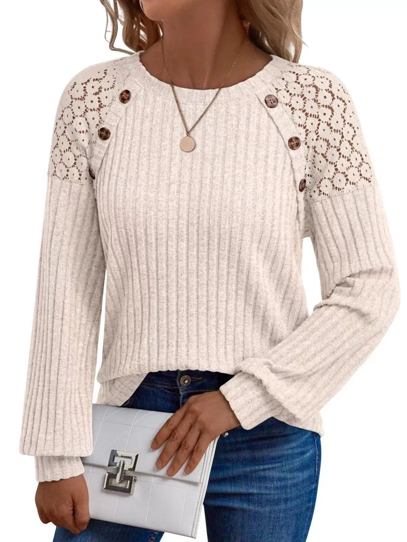 Ribbed Knit T-Shirt with Lace Shoulder Detail sold by Charming Charlie product image thumbnail 5