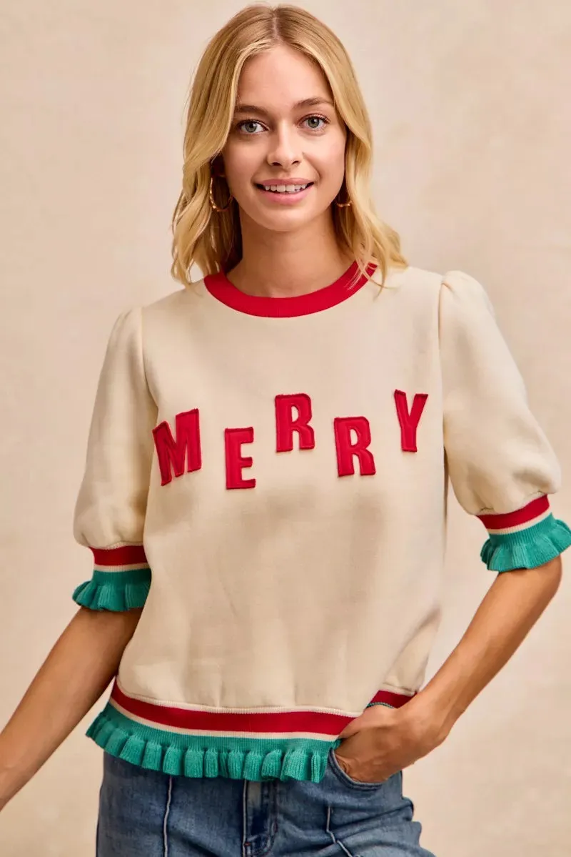 BiBi Christmas Merry Letter Patches Contrast Banded Top sold by Charming Charlie