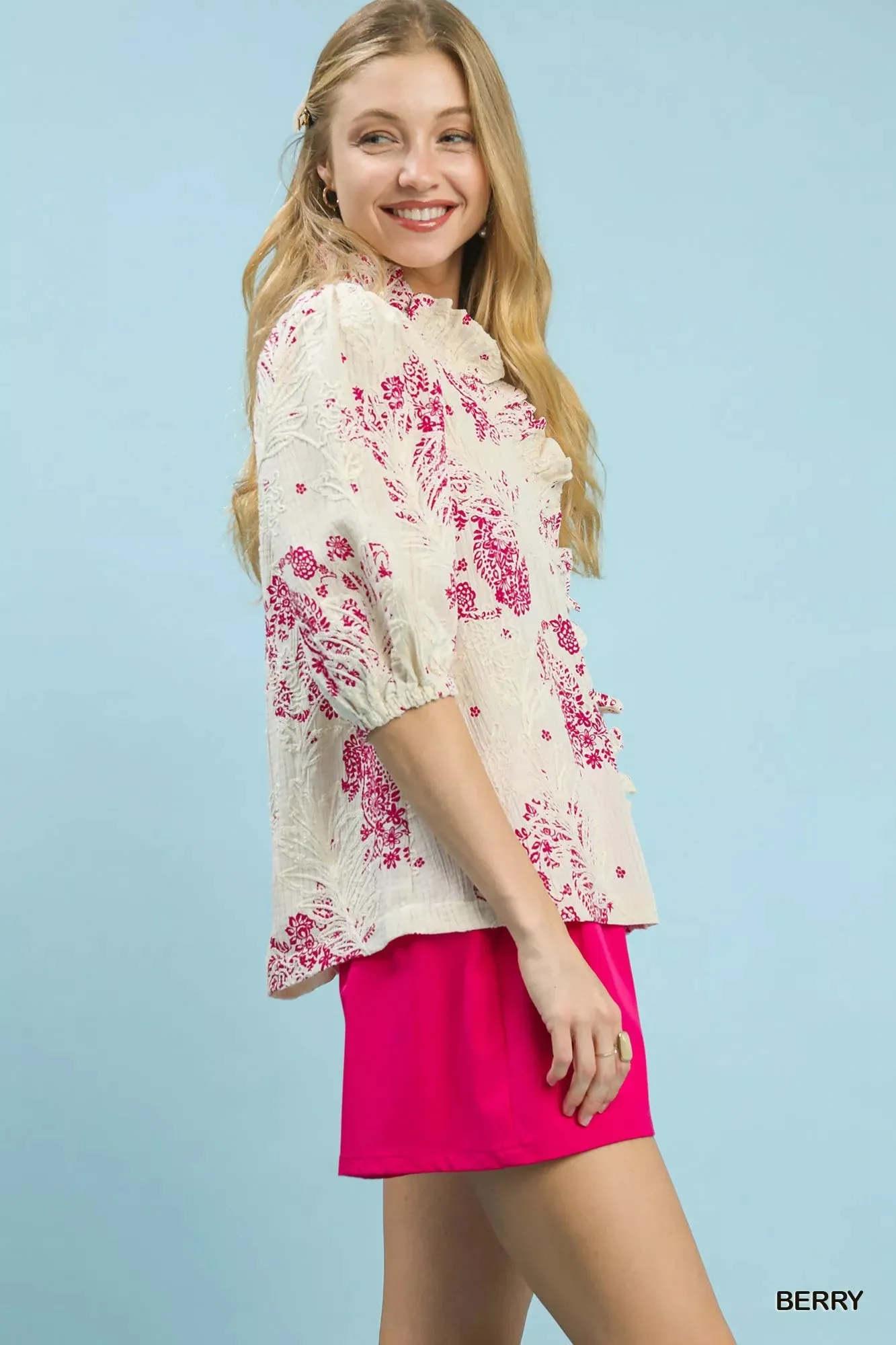 Umgee Floral Embroidered Blouse with Ruffle Trim sold by Charming Charlie product image thumbnail 3