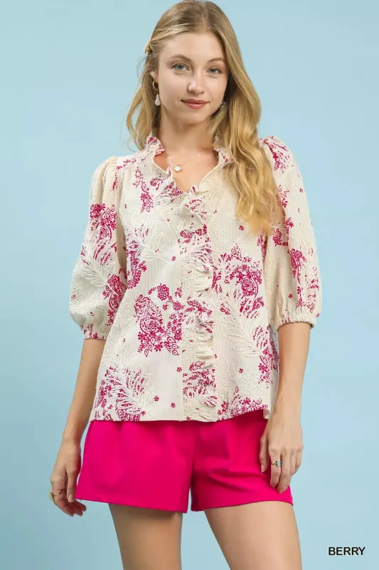 Umgee Floral Embroidered Blouse with Ruffle Trim sold by Charming Charlie