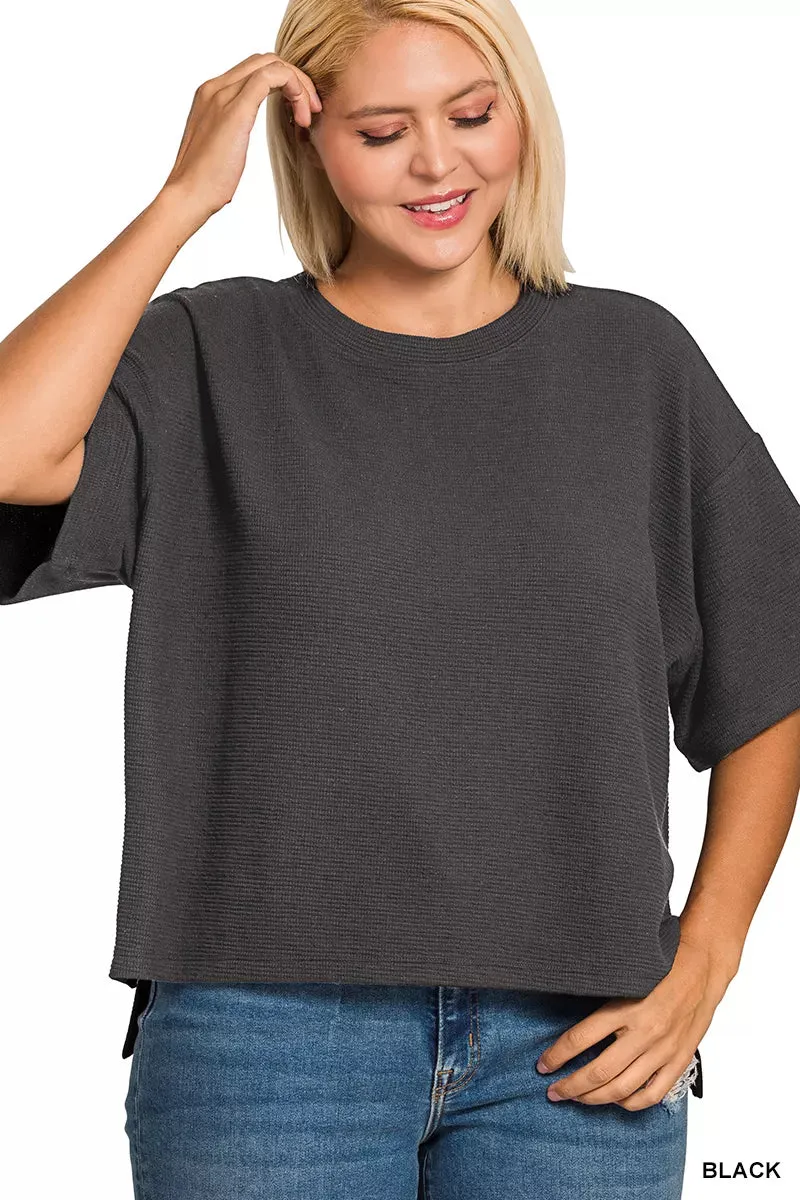 Zenana Full Size Double Knit Side Slits Hi Low Short Sleeve Top Plus Size sold by Charming Charlie product image thumbnail 3