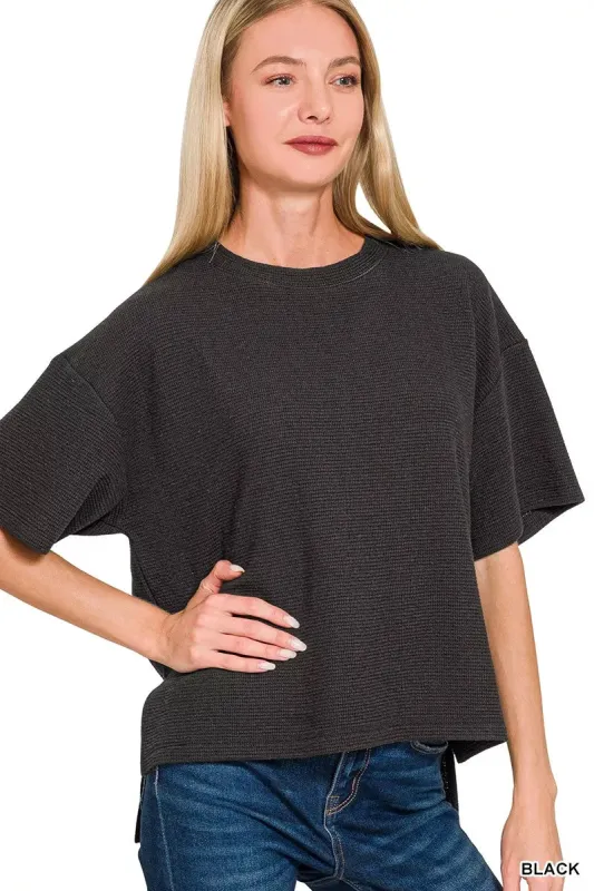Zenana Full Size Double Knit Side Slits Hi Low Short Sleeve Top Plus Size sold by Charming Charlie
