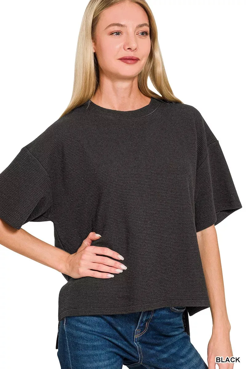 Zenana Full Size Double Knit Side Slits Hi Low Short Sleeve Top Plus Size sold by Charming Charlie