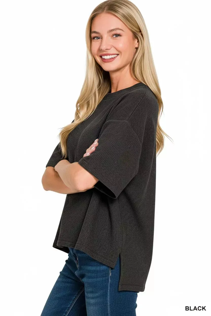 Zenana Full Size Double Knit Side Slits Hi Low Short Sleeve Top Plus Size sold by Charming Charlie product image thumbnail 2