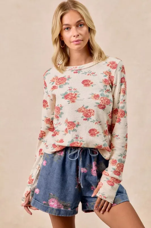 BiBi Floral Print Washed Waffle Thermal Top With Thumb sold by Charming Charlie