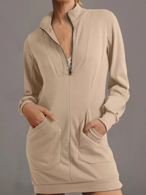 Zip Up Collared Ribbed Patchwork Sweatshirt Dress with Pockets sold by Charming Charlie