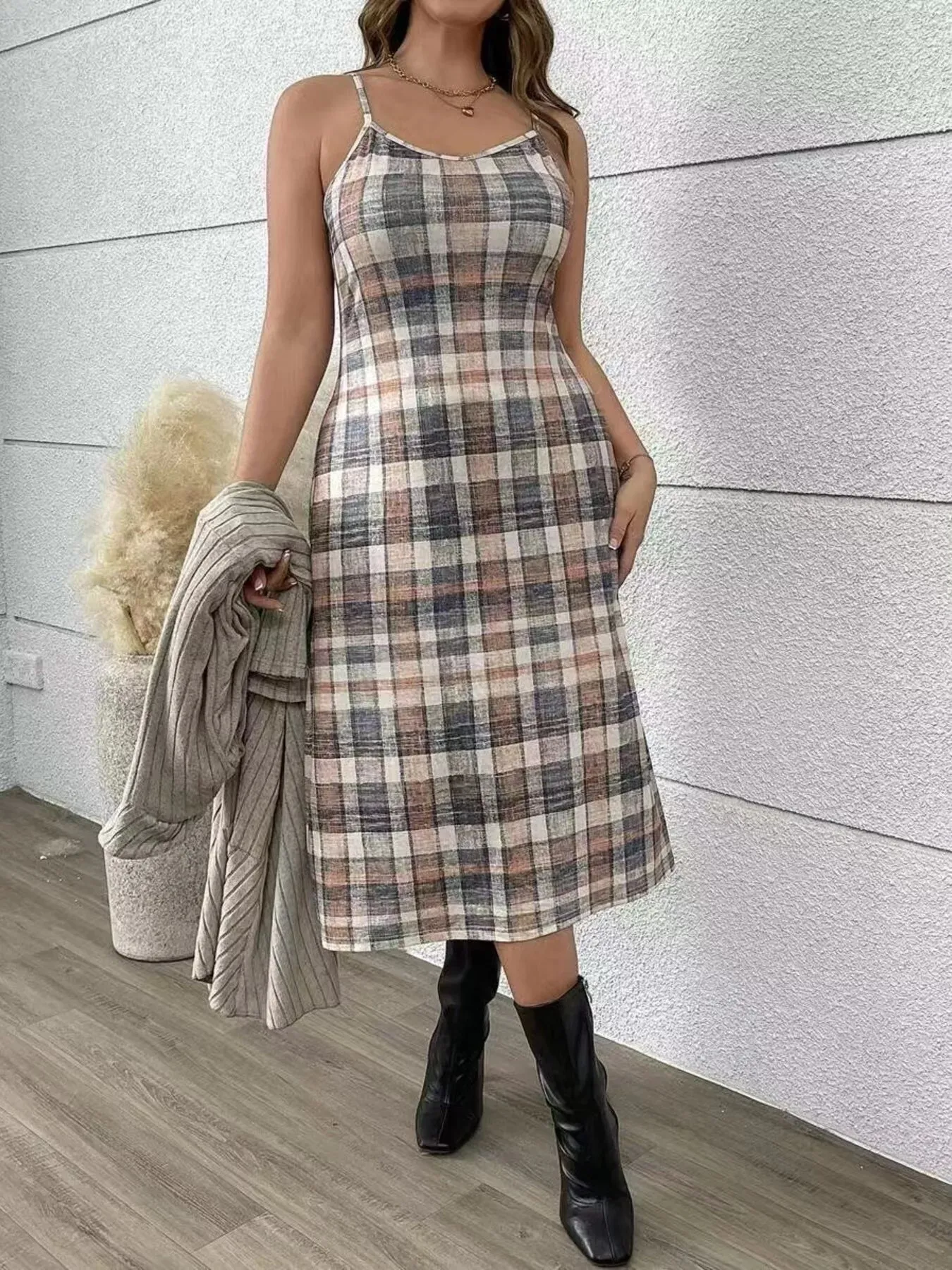 Full Size Plaid Dress & Ribbed Knit Cardigan Set Plus Size sold by Charming Charlie product image thumbnail 2