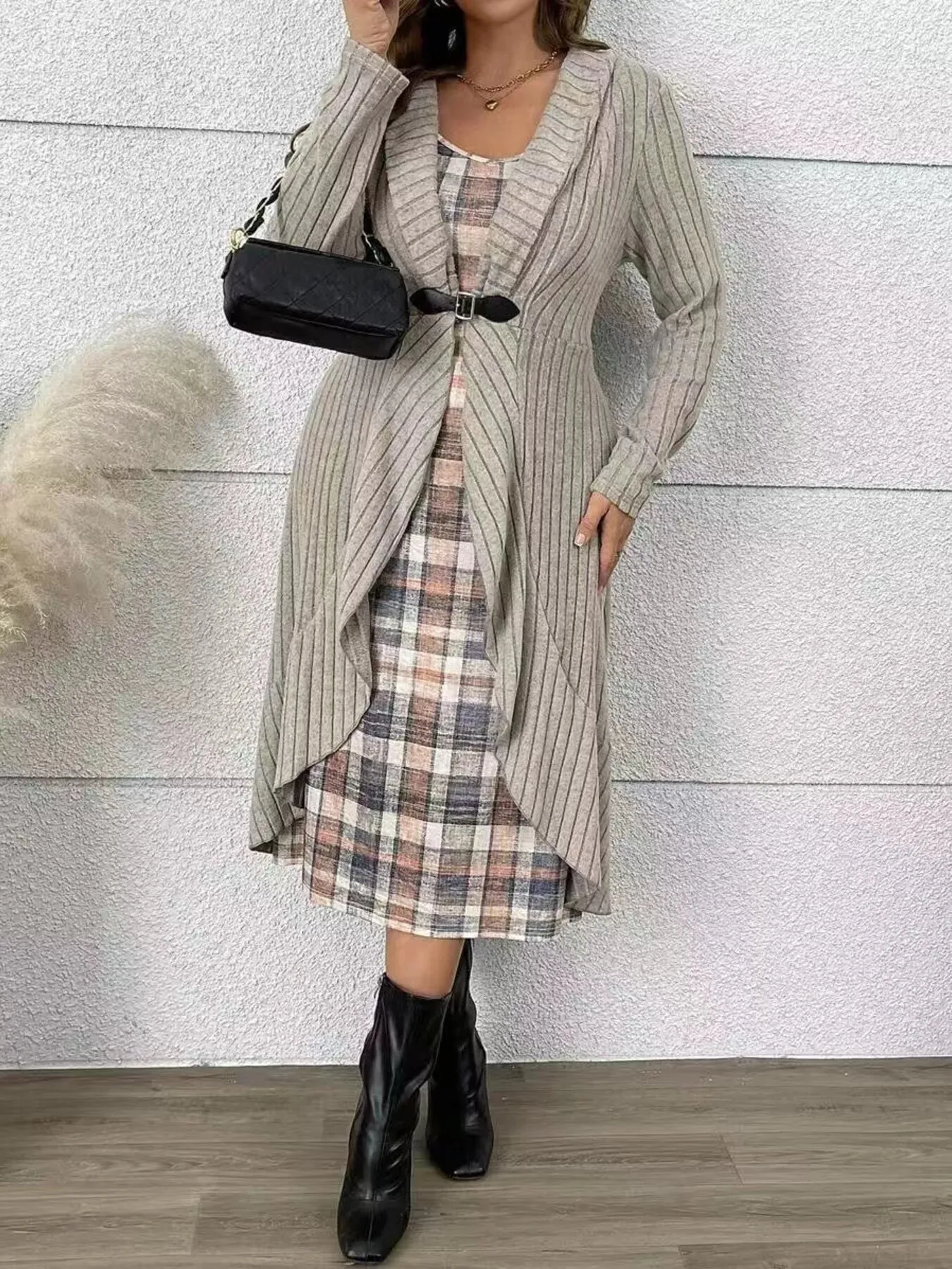 Full Size Plaid Dress & Ribbed Knit Cardigan Set Plus Size sold by Charming Charlie product image thumbnail 3