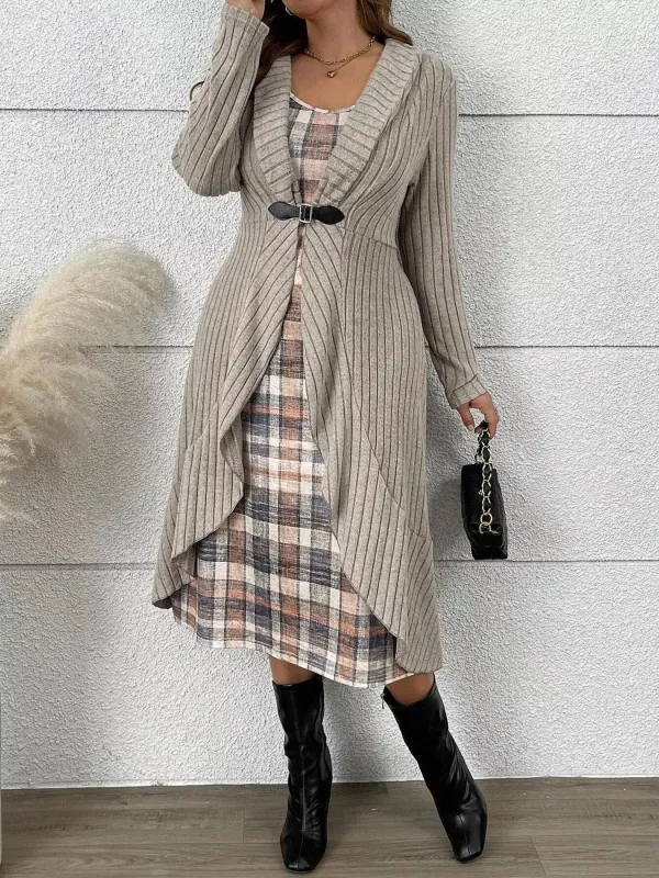 Full Size Plaid Dress & Ribbed Knit Cardigan Set Plus Size sold by Charming Charlie