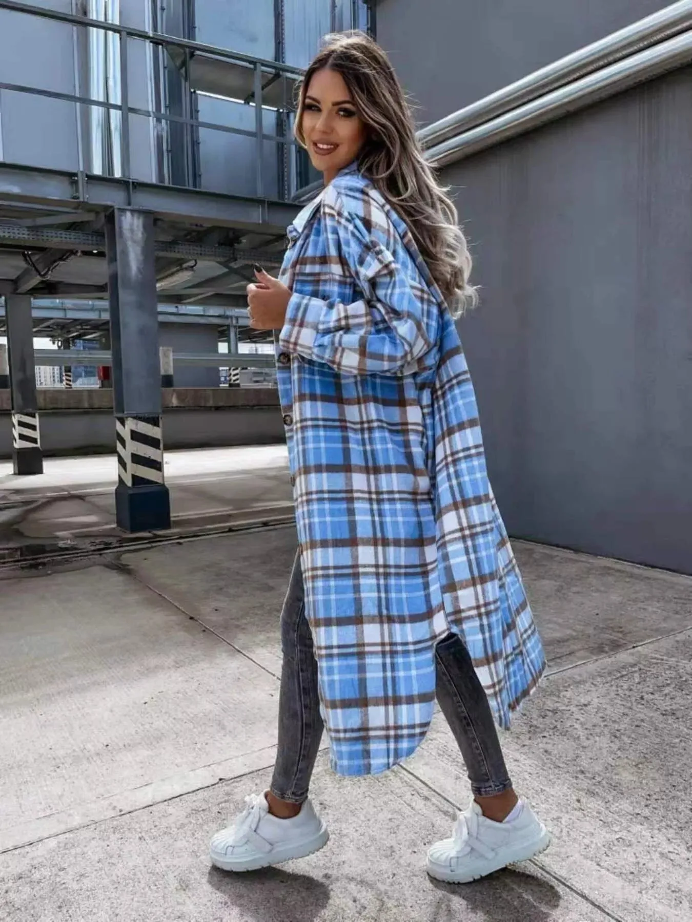 Plaid Button Up Longline Shacket sold by Charming Charlie product image thumbnail 3