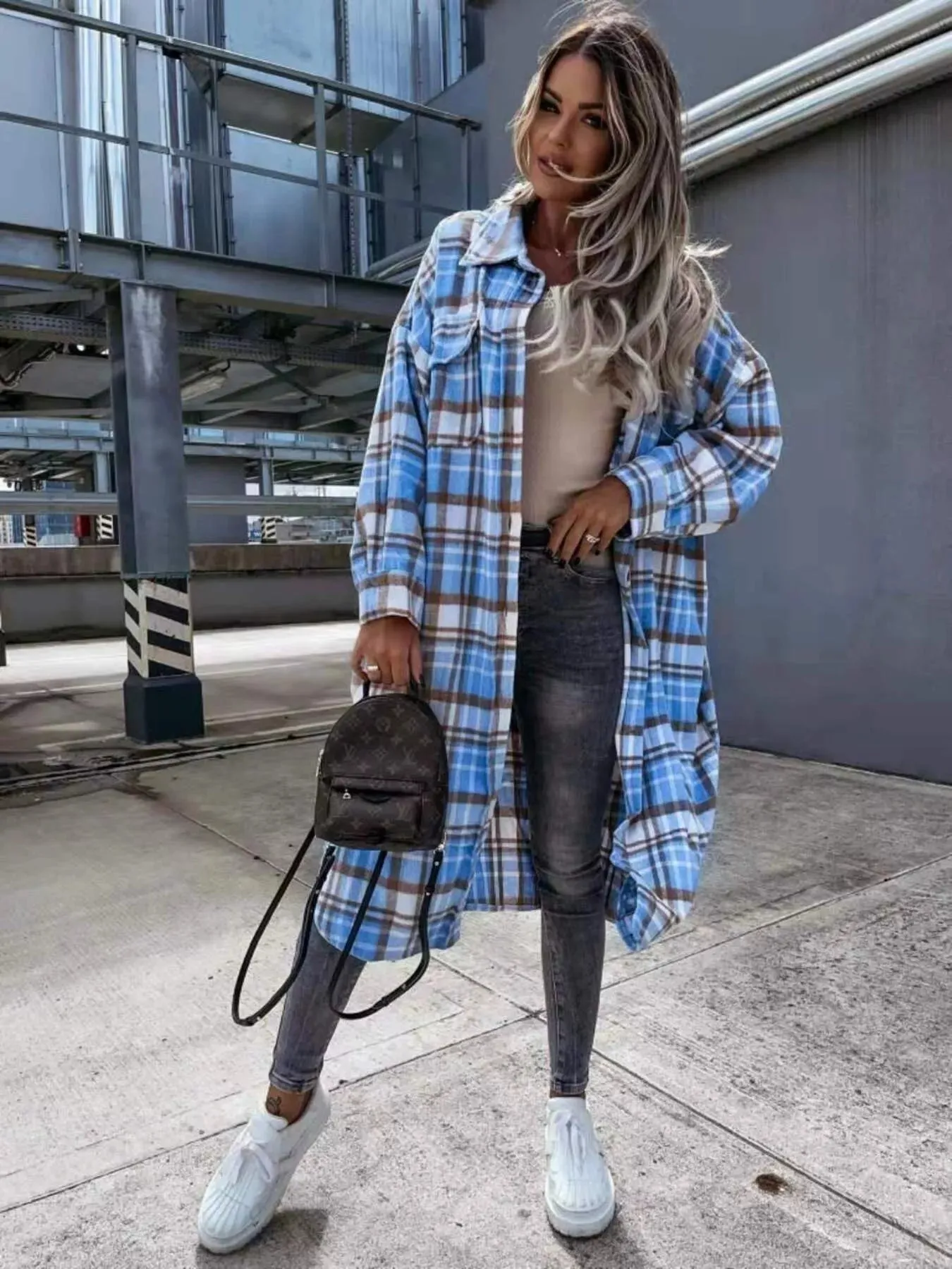 Plaid Button Up Longline Shacket sold by Charming Charlie product image thumbnail 4