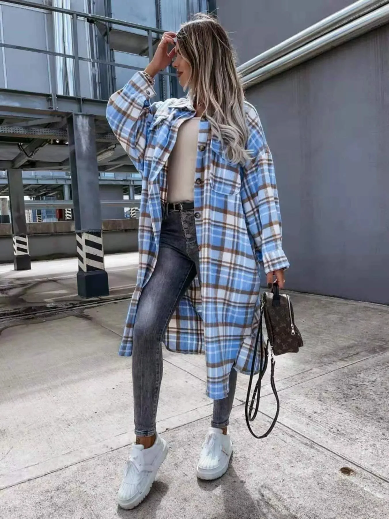 Plaid Button Up Longline Shacket sold by Charming Charlie product image thumbnail 5