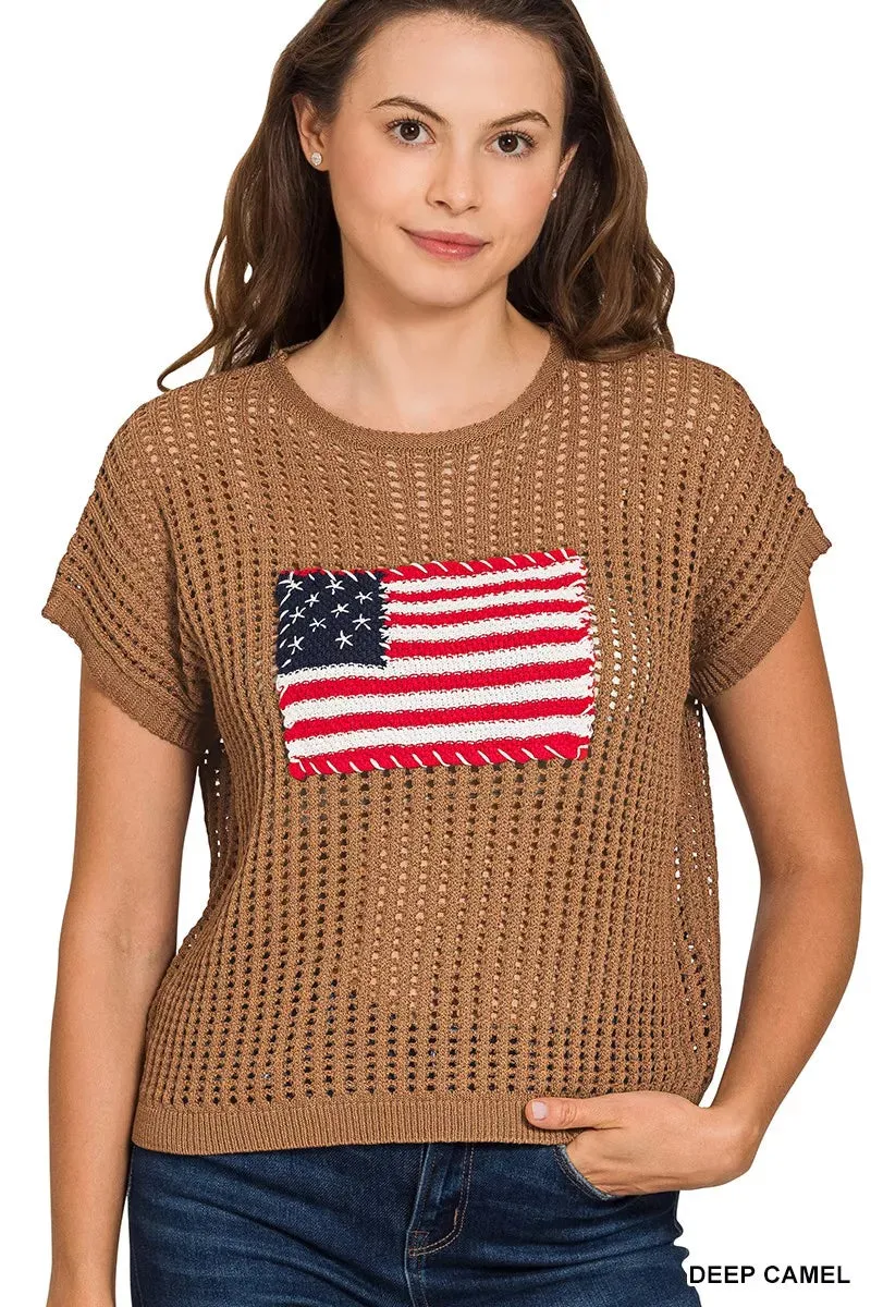 Zenana Viscose American Flag Openwork Knit Top sold by Charming Charlie