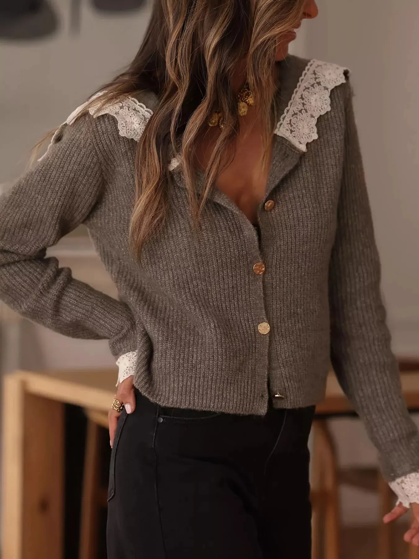 Lace Trim Button Up Cardigan sold by Charming Charlie product image thumbnail 5