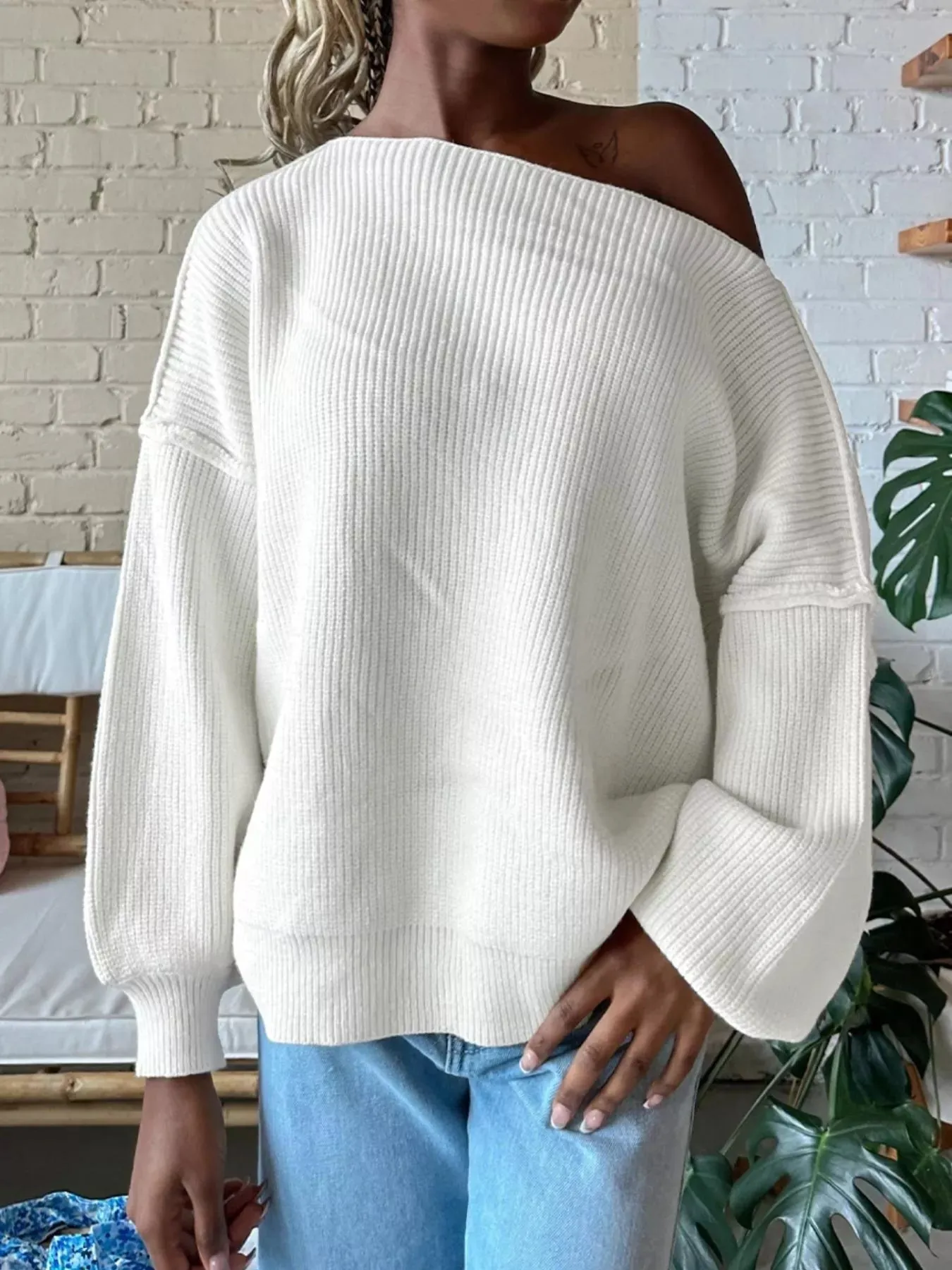 One Shoulder Ribbed Knit Sweater sold by Charming Charlie product image thumbnail 4